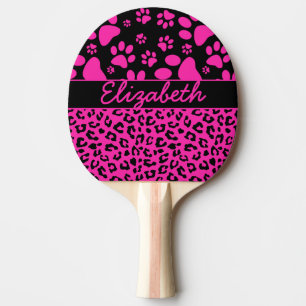 Pink and Black Leopard Print and Paws Personalized Ping-Pong Paddle