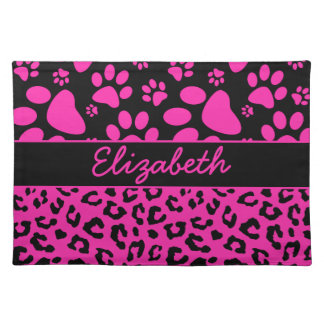 Pink and Black Leopard Print and Paws Personalized Placemat