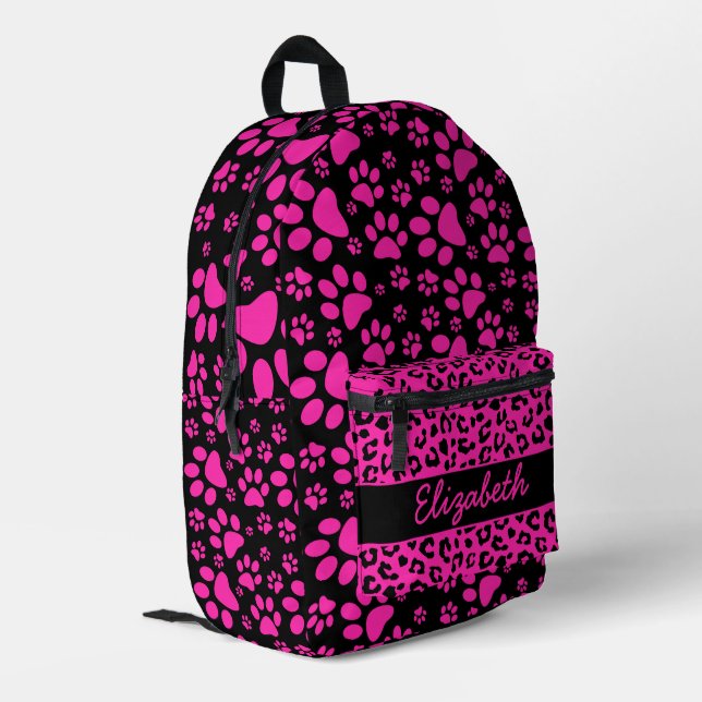 Pink and Black Leopard Print and Paws Personalized Printed Backpack (Back Corner Left)