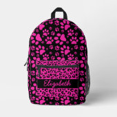 Pink and Black Leopard Print and Paws Personalized Printed Backpack (Front)