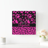 Pink and Black Leopard Print and Paws Personalized Square Wall Clock (Home)