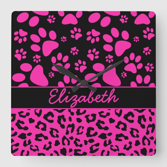Pink and Black Leopard Print and Paws Personalized Square Wall Clock (Front)