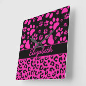 Pink and Black Leopard Print and Paws Personalized Square Wall Clock (Angle)