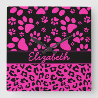 Pink and Black Leopard Print and Paws Personalized Square Wall Clock