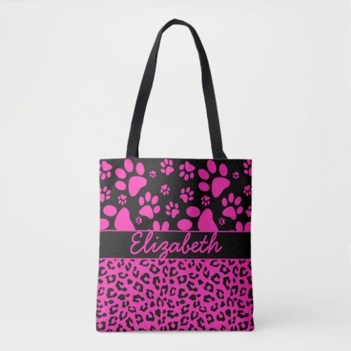 Pink and Black Leopard Print and Paws Personalized Tote Bag