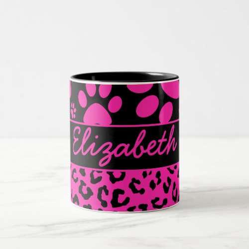 Pink and Black Leopard Print and Paws Personalized Two_Tone Coffee Mug