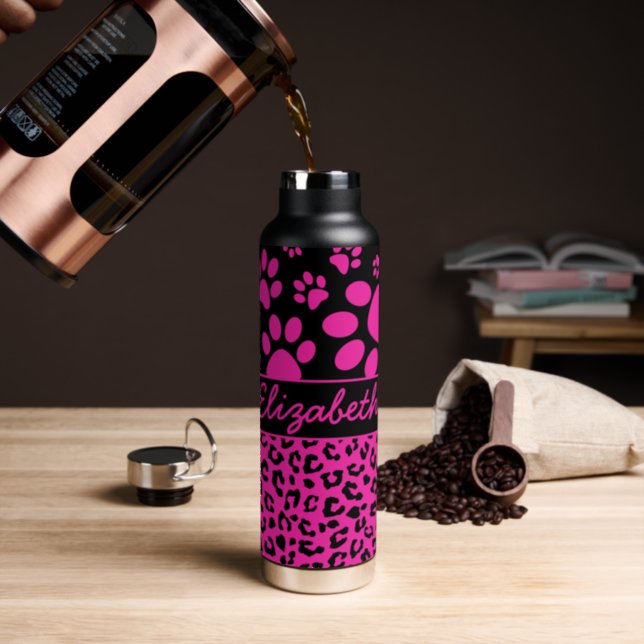 Pink and Black Leopard Print and Paws Personalized Water Bottle (Insitu (Coffee))