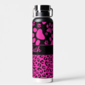 Pink and Black Leopard Print and Paws Personalized Water Bottle (Back)