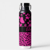 Pink and Black Leopard Print and Paws Personalized Water Bottle (Front)