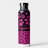Pink and Black Leopard Print and Paws Personalized Water Bottle (Left)