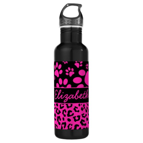 Pink and Black Leopard Print and Paws Personalized Water Bottle