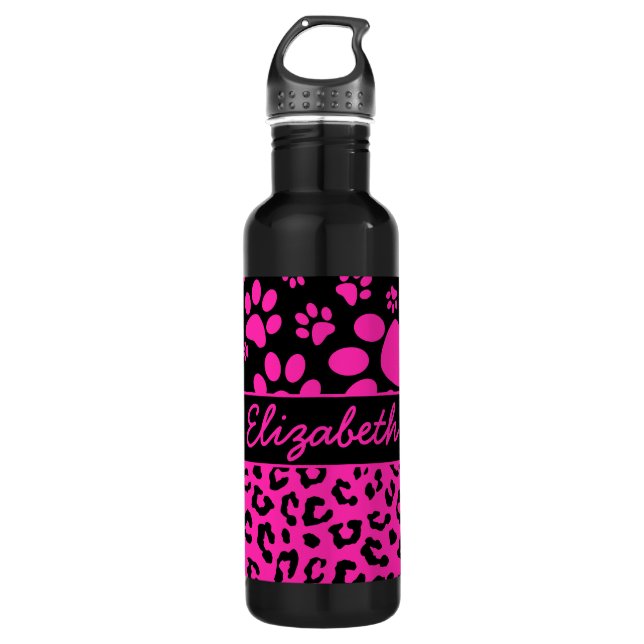 Pink and Black Leopard Print and Paws Personalized Water Bottle (Front)