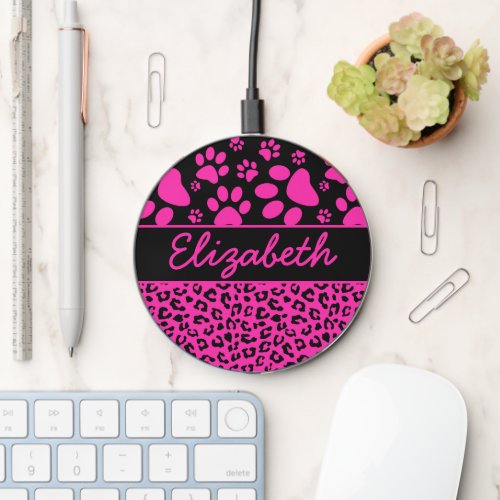 Pink and Black Leopard Print and Paws Personalized Wireless Charger