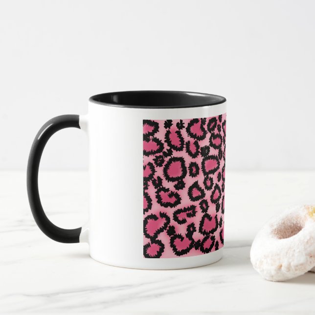 Pink and Black Leopard Print Pattern. Mug (With Donut)
