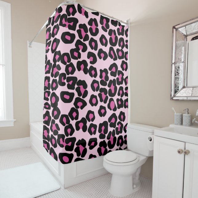 Pink and Black Leopard Print Pattern Shower Curtain (In Situ)