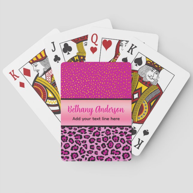 Pink and Black Leopard Print Personalized Poker Cards (Back)