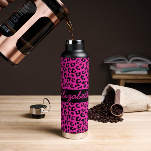 Pink and Black Leopard Print Personalized Water Bottle