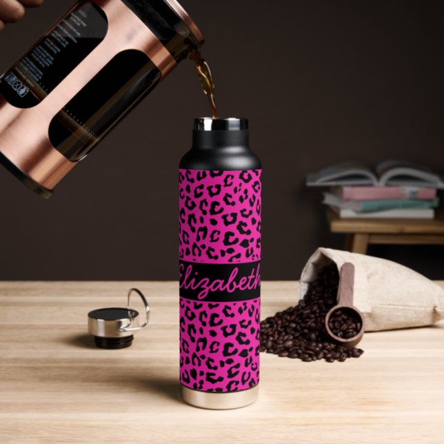 Pink and Black Leopard Print Personalized Water Bottle (Insitu (Coffee))