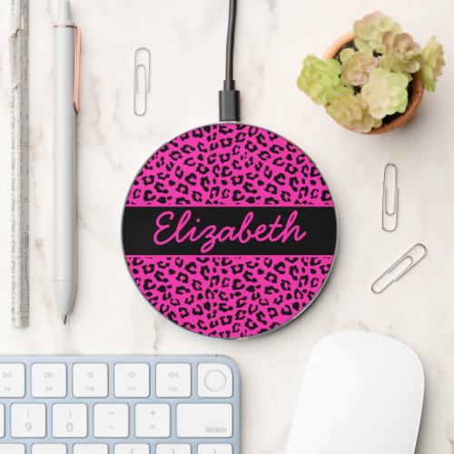 Pink and Black Leopard Print Personalized Wireless Charger