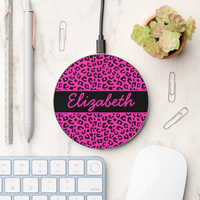Pink and Black Leopard Print Personalized Wireless Charger (Desk)