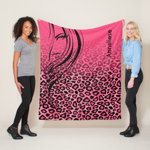 Pink and Black Leopard Print with Girl Silhouette Fleece Blanket