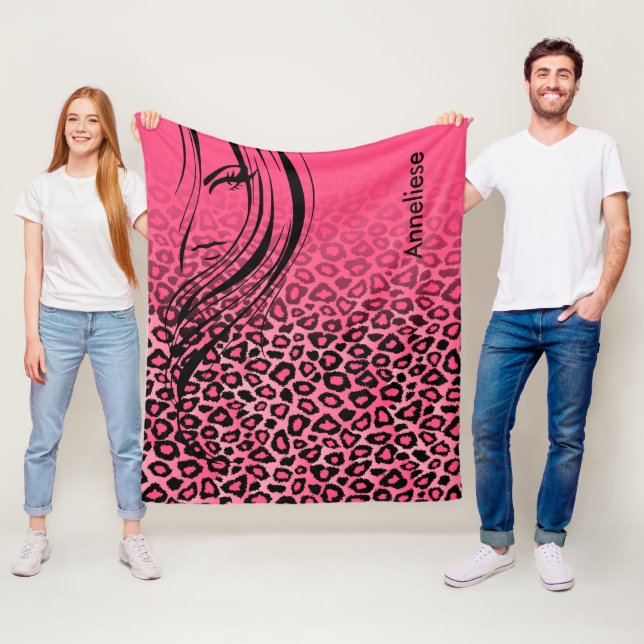 Pink and Black Leopard Print with Girl Silhouette Fleece Blanket (In Situ)
