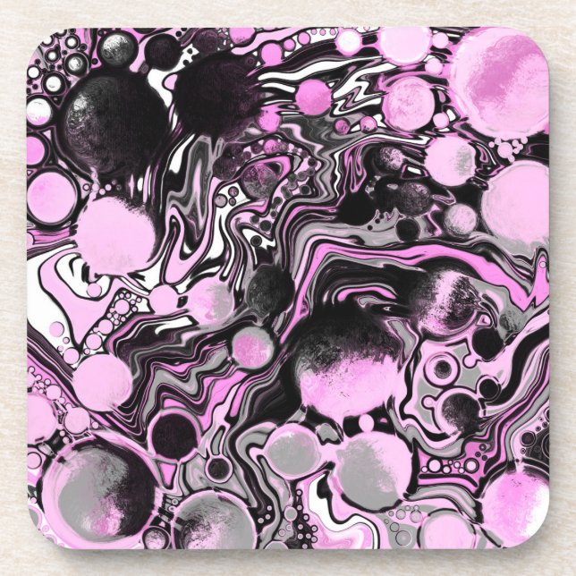 Pink and Black Marble Fluid Art Cells Modern   Beverage Coaster (Front)
