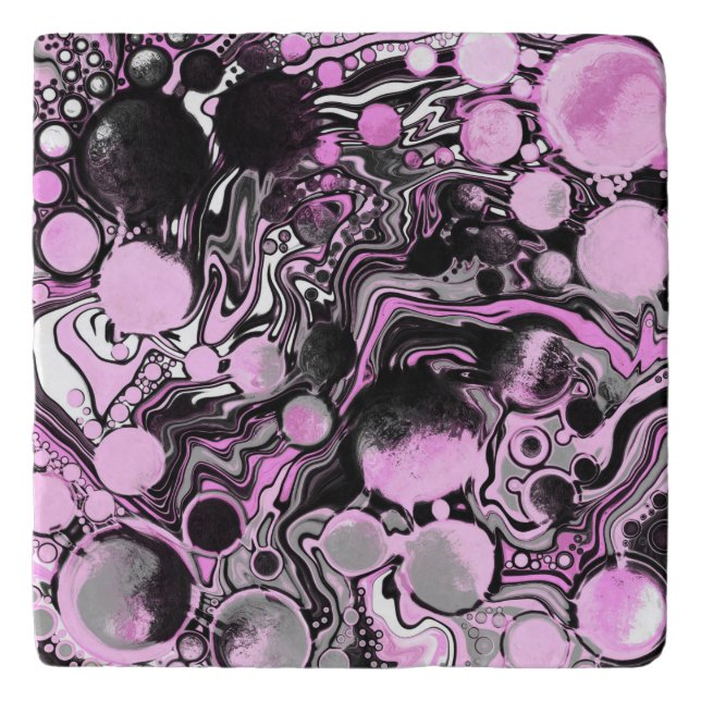 Pink and Black Marble Fluid Art Cells Modern   Trivet (Front)