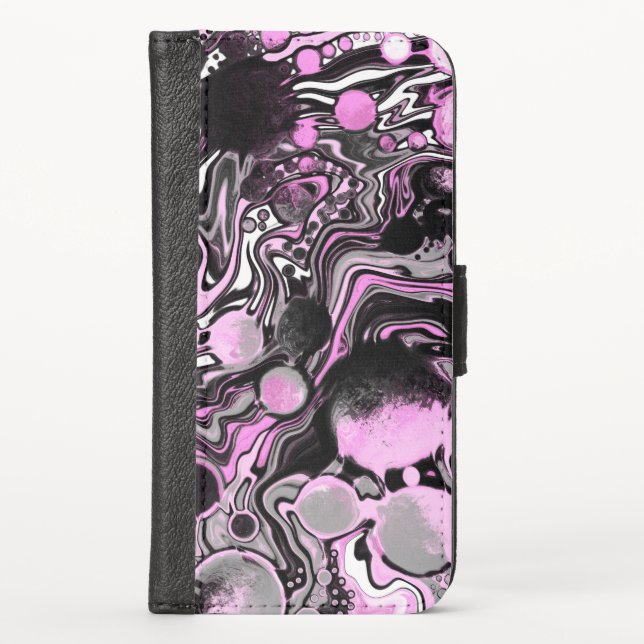 Pink and Black Marble Fluid Art Digital Pour Paint iPhone Wallet Case (Front)
