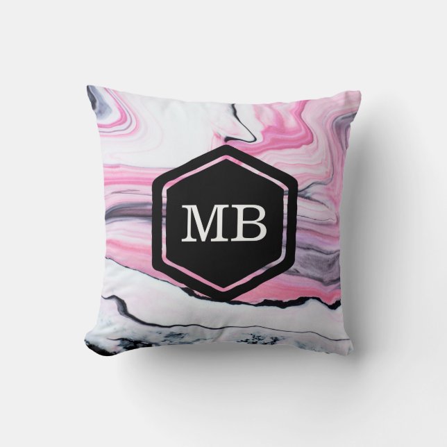 Pink and black marble patterned monogram pillow (Front)