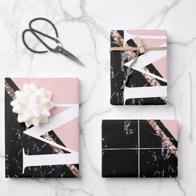 pink and black marble texture celebrations  wrapping paper sheets (Front)