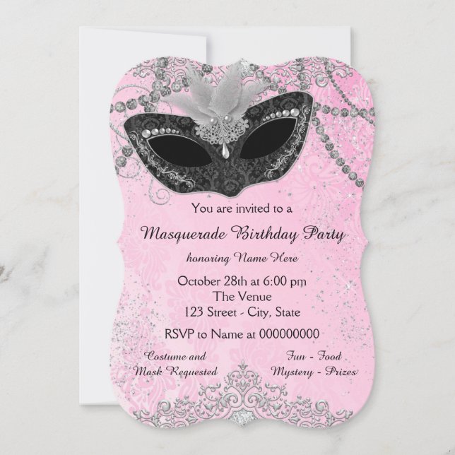 Pink and Black Masquerade Party Invitation (Front)