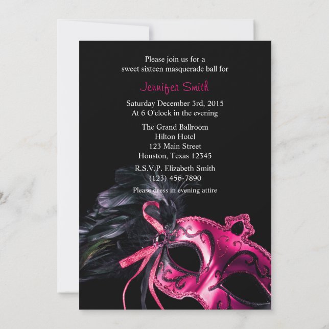 Pink and Black Masquerade Sweet 16 Ball Invitation (Back)