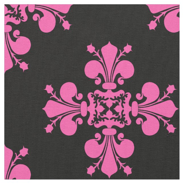 Pink and black medieval Fleur de lis cross pattern Fabric (Close Up)
