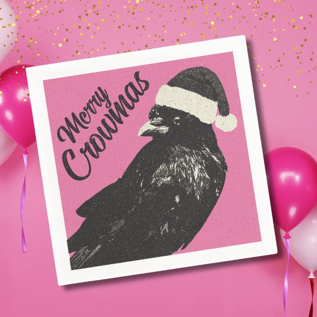 Pink and Black Merry Crowmas Christmas Holiday  Napkins (Fun Merry Crowmas pink and black crow Christmas party cocktail napkins will make guests smile. )