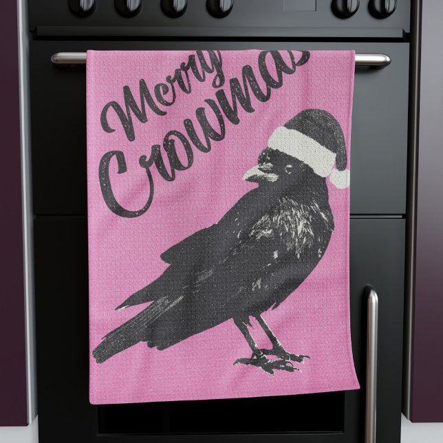 Pink and Black Merry Crowmas Christmas  Kitchen Towel (This pink and black "Merry Crowmas" Christmas (or pinkmas) towel is fun and unique for the holiday.)