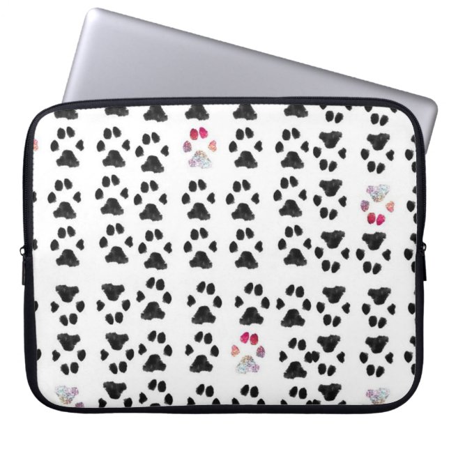 Pink and Black Minimal Paw Print Pattern  Laptop Sleeve (Front)