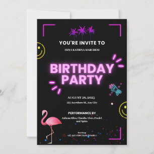Pink and Black Modern Neon Future Birthday Party Invitation