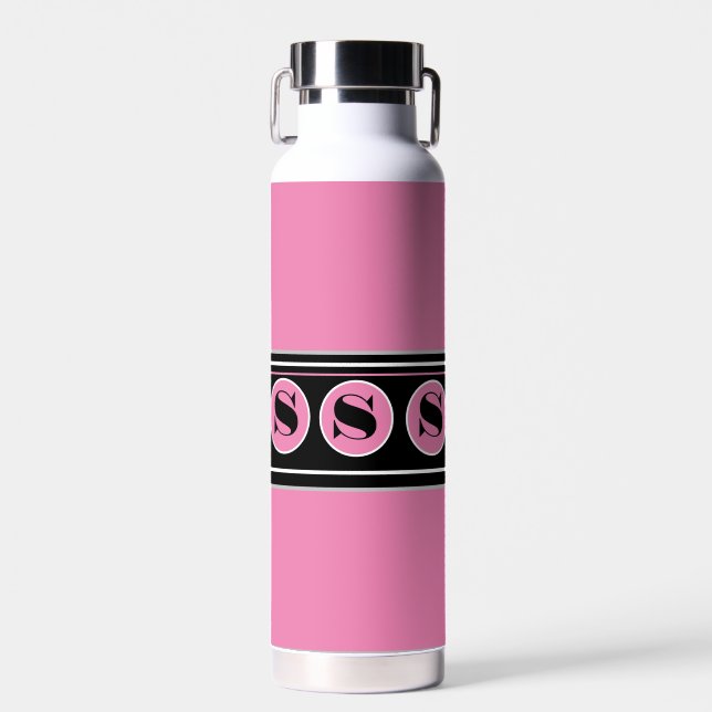 Pink and Black Modern Personalize Monogram Water Bottle (Front)