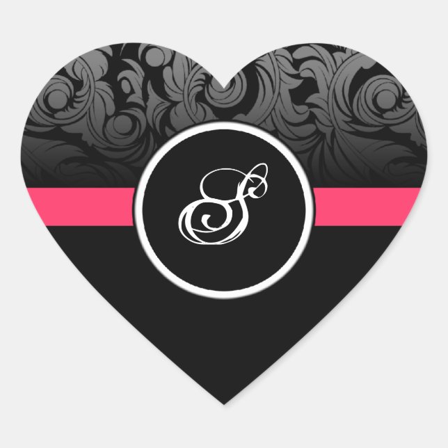 Pink and Black Monogram Heart Damask Stickers (Front)