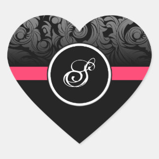 Pink and Black Monogram Heart Damask Stickers