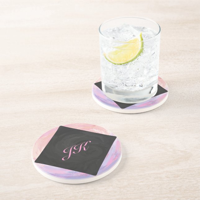 Pink and Black Monogram Sandstone Coaster (Side)