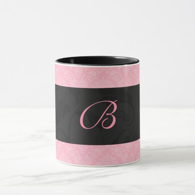 Pink and Black Monogrammed Feminine Damask Mug (Center)