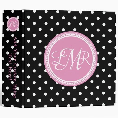 Pink and Black Monogrammed Polka Dot Personalized 3 Ring Binder