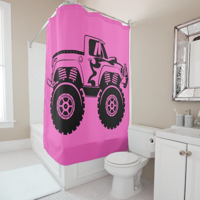 Pink and Black Monster Truck Shower Curtain (In Situ)