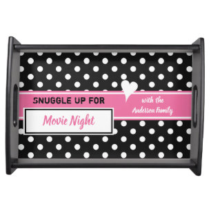 Pink and black Movie Night family name snacks Serving Tray