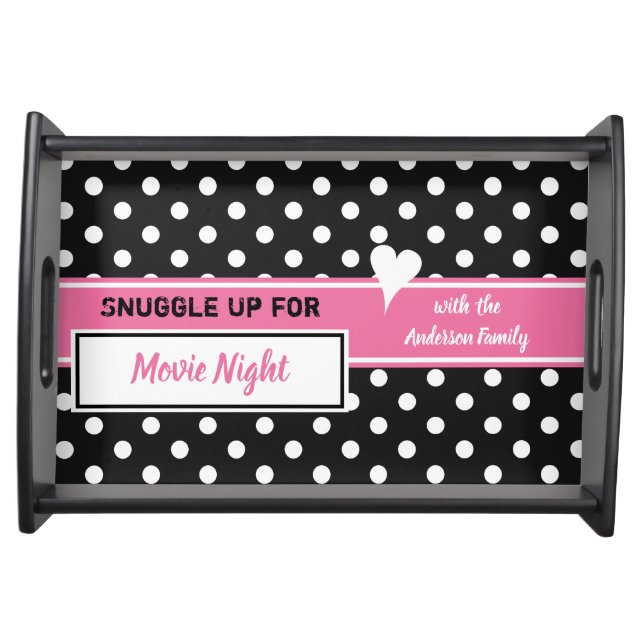 Pink and black Movie Night family name snacks Serving Tray (Front)