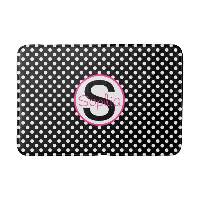 Pink and Black, Name and Initial with Polka Dots Bathroom Mat (Front)