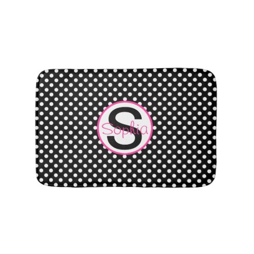 Pink and Black Name and Initial with Polka Dots Bathroom Mat