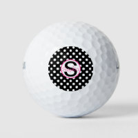 Pink and Black, Name and Initial with Polka Dots Golf Balls